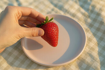 Sunlit hand holding a fresh strawberry over a pastel pink plate. summer picnic