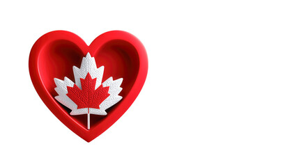 Red heart-shaped container featuring a white and red maple leaf design, symbolizing love and patriotism, ideal for celebrating national pride and special occasions