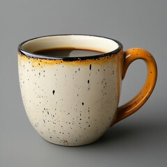 A ceramic mug with a speckled cream and orange glaze filled with black coffee on a gray background.