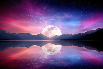 Full moon over a tranquil lake, vibrant colors