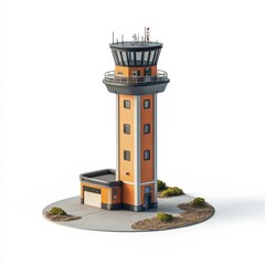 A detailed model of an air traffic control tower with an orange and beige facade, surrounded by small bushes on a circular base.