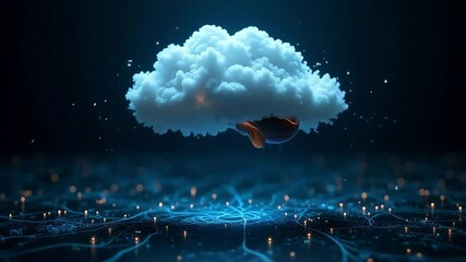 Digital cloud emitting data streams onto a blue network with glowing particles around it - Powered by Adobe