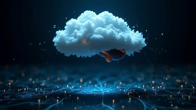 Digital cloud emitting data streams onto a blue network with glowing particles around it