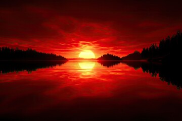 Fiery sunset over a still lake. Silhouettes of trees line the shore