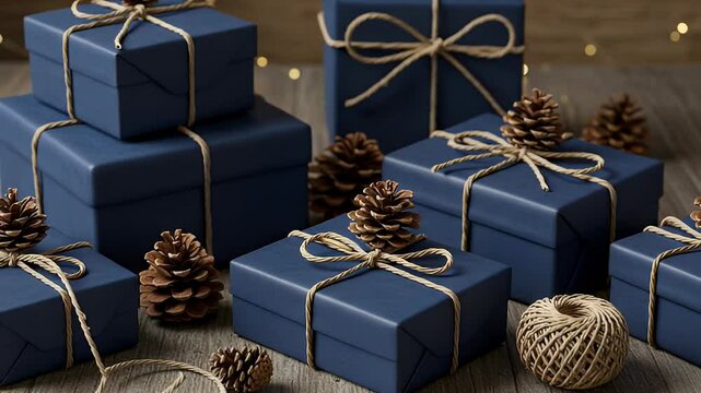 Arrangement of Blue Gifts Wrapped with Twine and Pinecones on Wooden Surface with Golden Lights Holiday Still Life
