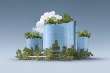 Modern, sustainable city buildings with lush greenery