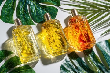 Three perfume bottles, light amber/yellow/orange,  sit amongst tropical leaves on white background