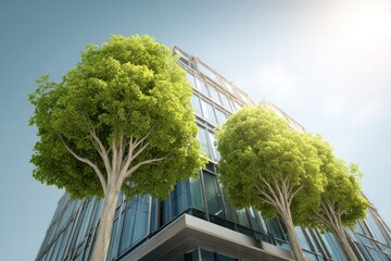 Modern office building with lush trees