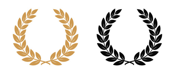 Two Wreaths And Branches With Leaves. Black And Golden Laurel Wreaths And Branches. Award Laurel Symbol, Isolated On White Background. Vector Illustration