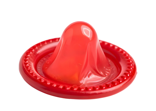 Red colour condom on white background