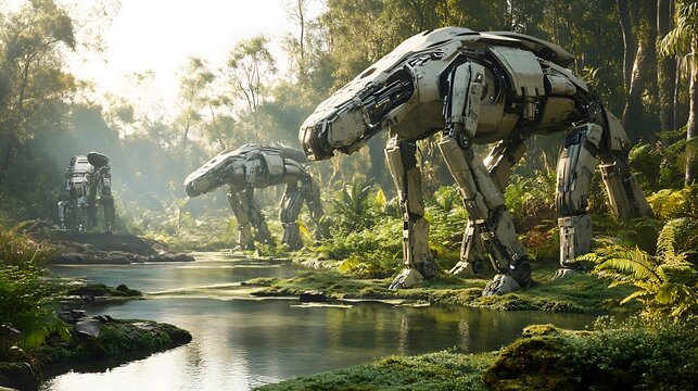 A cybernetic wildlife reserve where robotic animals coexist with their natural counterparts