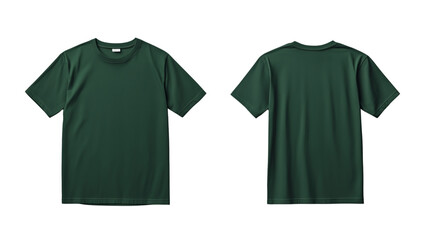 A plain deep green color t-shirt displayed front side and back side isolated on a transparent background
