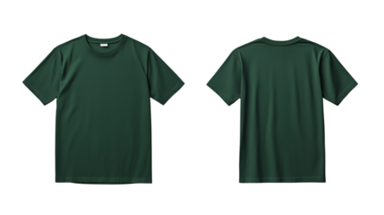 A plain deep green color t-shirt displayed front side and back side isolated on a transparent background