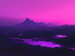 Purple Sunset over a Distant Mountain Range A Digital Landscape isolated on transparent background