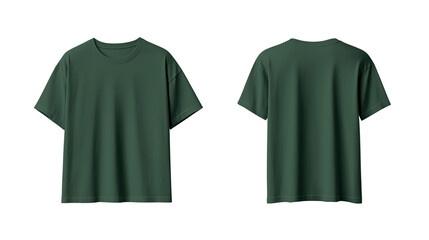 A plain deep green color t-shirt displayed front side and back side isolated on a transparent background