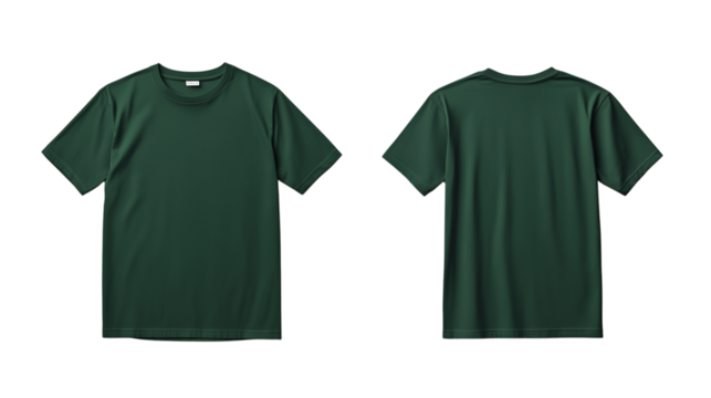 A plain deep green color t-shirt displayed front side and back side isolated on a transparent background