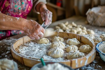 A woman's hands skillfully prepare and arrange freshly made steamed buns, dusted with flour, on a bamboo steamer