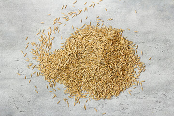 Raw oat grains scattered on concrete background, organic cereal seeds for healthy food and agriculture