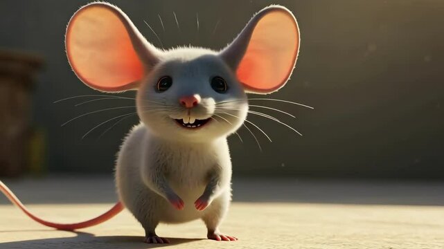 A cute cartoon mouse with large ears, smiling happily.