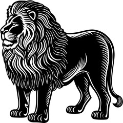 Obraz premium Standing majestic lion full body black and white silhouette vector illustration