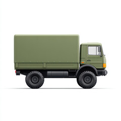Fototapeta premium Green military style cargo truck with boxy cargo area and rugged tires, isolated white background, suitable for logistics