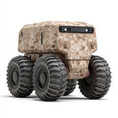 Obraz premium This is military robot vehicle with digital camouflage pattern, large rugged tires, and boxy design, suitable for rough