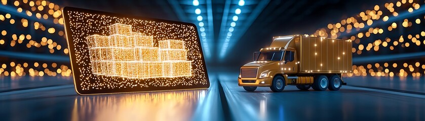 This image showcases a digital representation of cargo on a tablet beside a delivery truck, symbolizing the integration of technology in logistics and transportation.