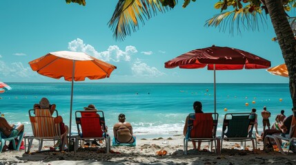 Relaxed people enjoying a sunny beach day under colorful umbrellas