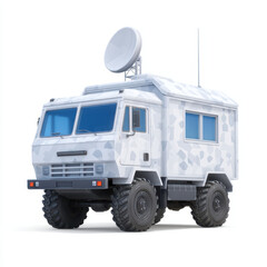 Mobile command vehicle with satellite dish for communication and surveillance, rugged off road design, white camouflage