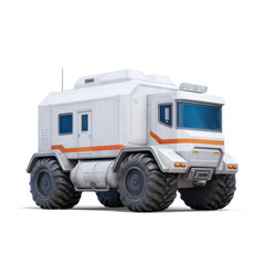 Obraz premium Futuristic off road vehicle with large rugged tires, white body with orange stripe, and boxy design, suitable for rough