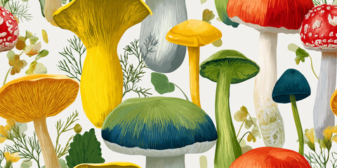 Forest Mushroom and Botanical Elements Watercolor Seamless Pattern. Nature Inspired Design for...