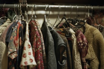 Obraz premium A cluttered closet overflows with vintage clothing hanging on numerous hangers, showcasing a variety of patterns and textures