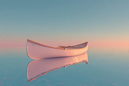 Pale pink/white canoe on calm water, serene sunrise/sunset - Powered by Adobe