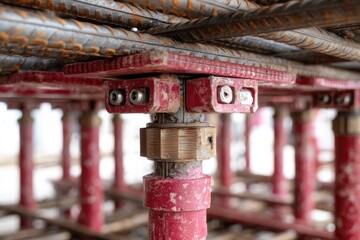 Close-up of red support structures for reinforcing steel bars in a building under construction