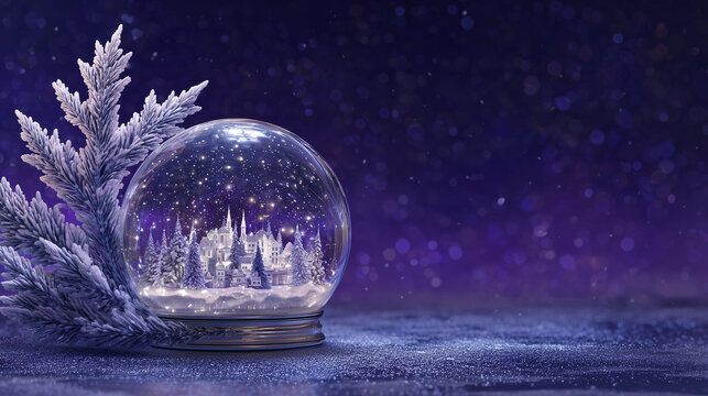 Snow globe with winter scene and purple background on table