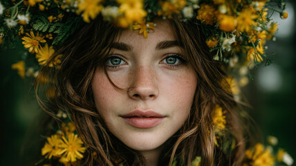 Wildflower crown adorns a womans face amidst natural beauty in soft light