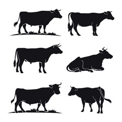 Black Vector Silhouettes Set of Cows – Farm Animal Collection