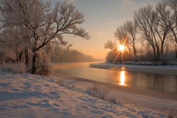 Winter sunrise over a frozen river. Frosty trees frame a sunlit river bend