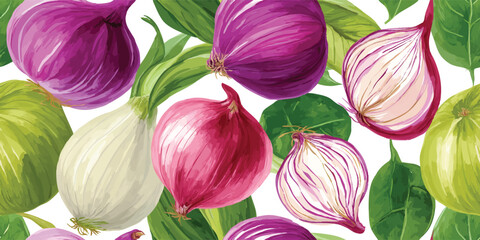 Colorful Onion Varieties and Greenery Seamless Pattern. Fresh Healthy Vegetable Food Design for trendy textile, packaging, fabric, wallpaper, branding, stationery, wrapping paper interior decor.