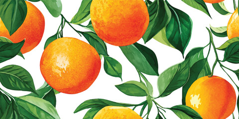 Orange Citrus Fruits and Green Leaves Seamless Pattern. Fresh Healthy Food Botanical Design for trendy textile, packaging, fabric, wallpaper, branding, stationery, wrapping paper interior decor.