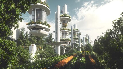 A futuristic agricultural farm using vertical farming techniques and robotic harvesters