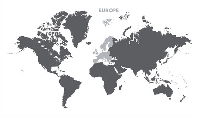 Minimalist Europe map-10, Map of Europe, highlighted on the world map, Europe on the world map, Satellite view, Europe location on the globe.