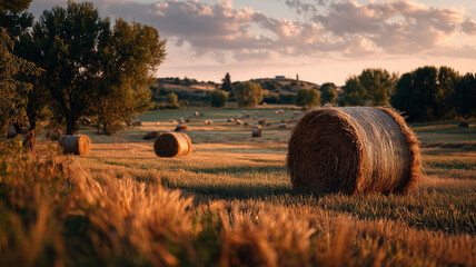 Golden hour in a tranquil rural field with hay and baskets