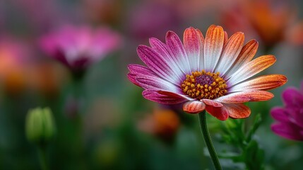 Obraz premium In a lush garden during spring, a vivid daisy displays its colorful petals with shades of orange, pink, and purple, surrounded by various blooming flowers, creating a lively atmosphere.