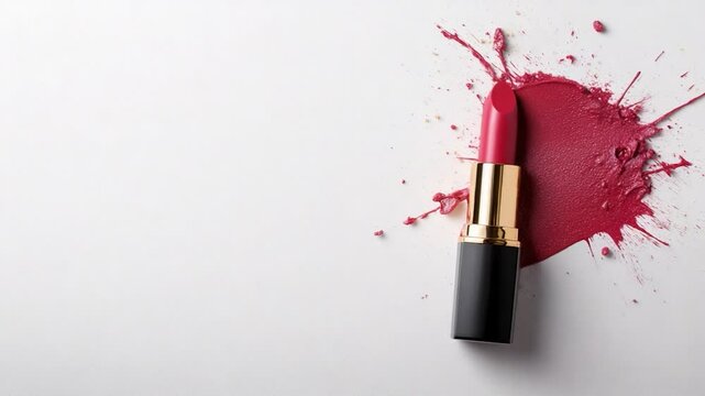 Red lipstick product with creative color splash on white background cosmetic beauty still life