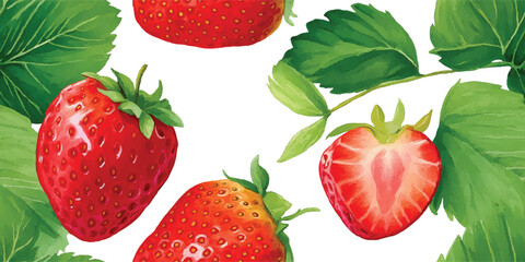Sweet Strawberry Fruit and Green Leaves Seamless Pattern. Summer Berry Botanical Design for textile, packaging, fabric, wallpaper, branding, stationery, wrapping paper interior decor.