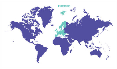 World map with Europe focus-04, Map of Europe, highlighted on the world map, Europe on the world map, Satellite view, Europe location on the globe.