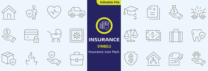 Insurance thin line icons set. Insurance editable stroke symbols collection. Life, car, house, care, money, pet insurance editable stroke icon. Vector illustration