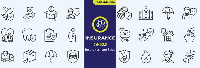 Insurance thin line icons set. Insurance editable stroke symbols collection. Life, car, house, care, money, pet insurance editable stroke icon. Vector illustration