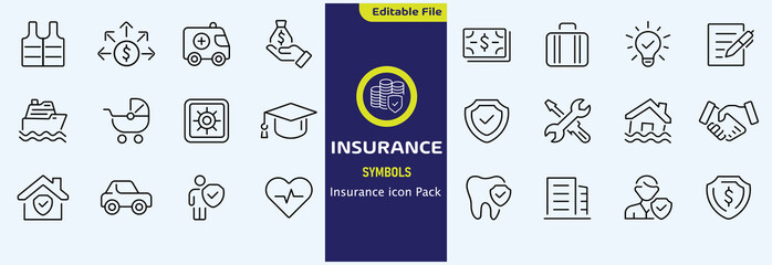 Insurance thin line icons set. Insurance editable stroke symbols collection. Life, car, house, care, money, pet insurance editable stroke icon. Vector illustration